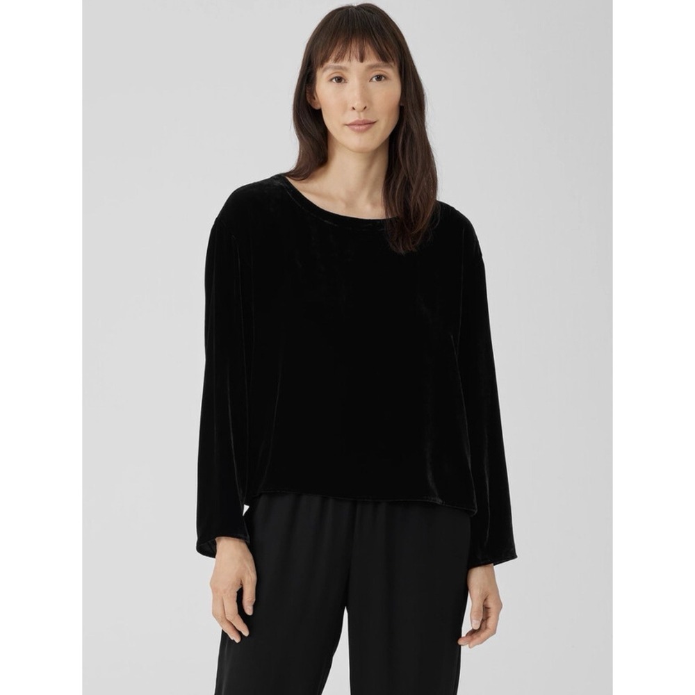 Eileen Fisher Velvet Ballet Neck Top Boxy Fit‎ M Event Black Silk Blend Comfort